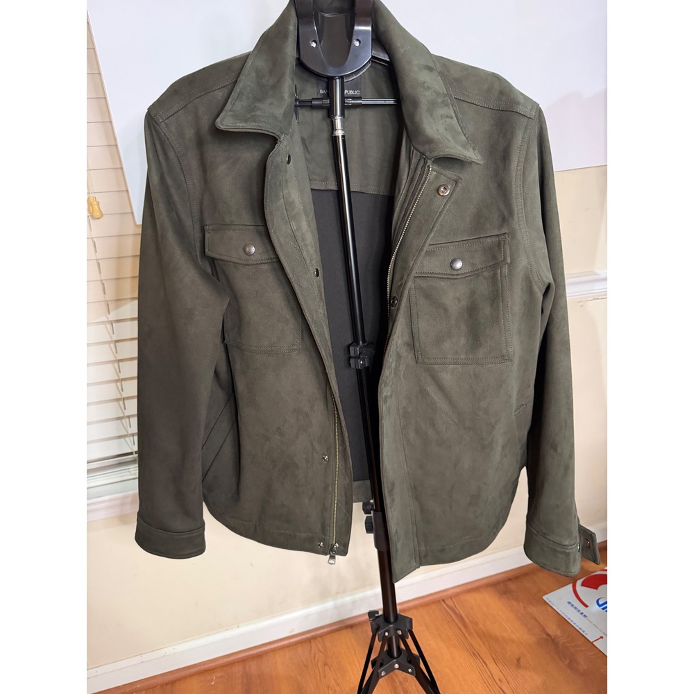 Banana Republic Mens XL Vegan Suede Trucker Jacket Olive Green Full Zip Utility - Picture 2 of 13